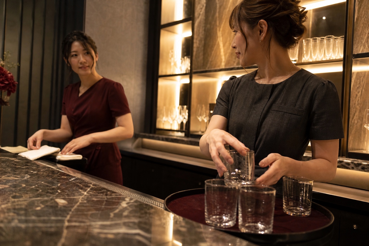 次の営業に向けて同じカウンターで準備をする成人女性たち