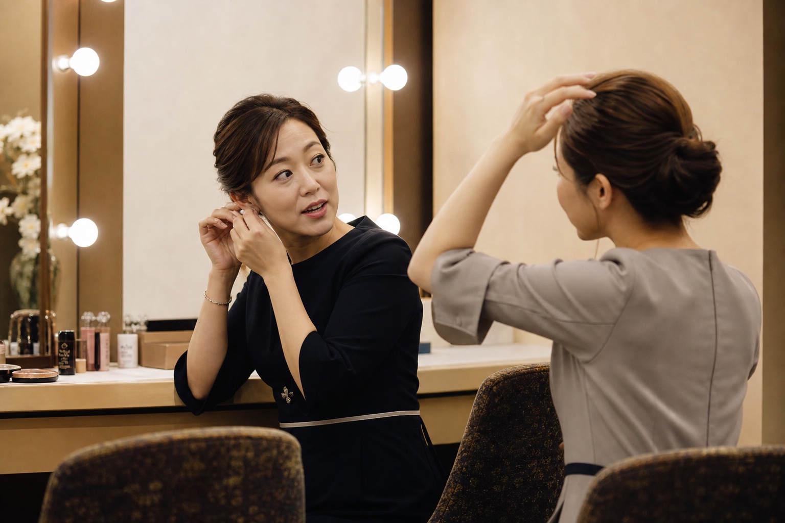 開店前の更衣室で身支度をしながら話す年代の異なる成人女性二人