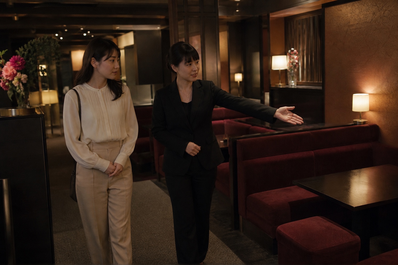 開店前の店内を女性スタッフと見学する成人女性