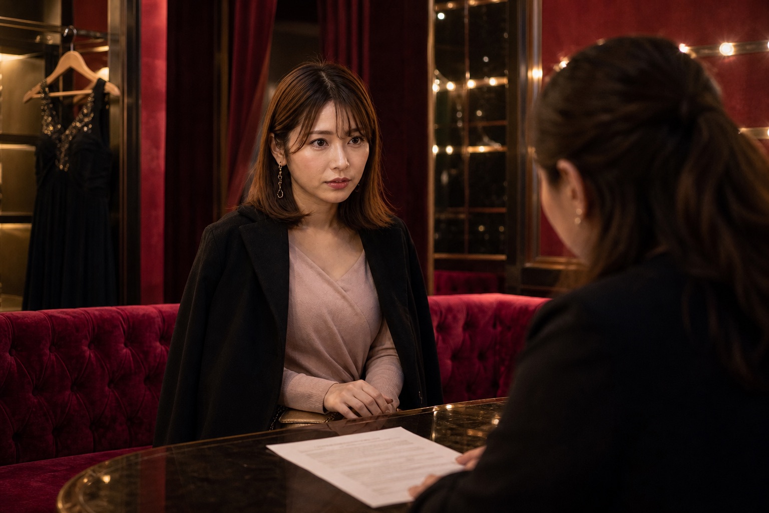 開店前の店内で勤務条件について説明を受ける成人女性