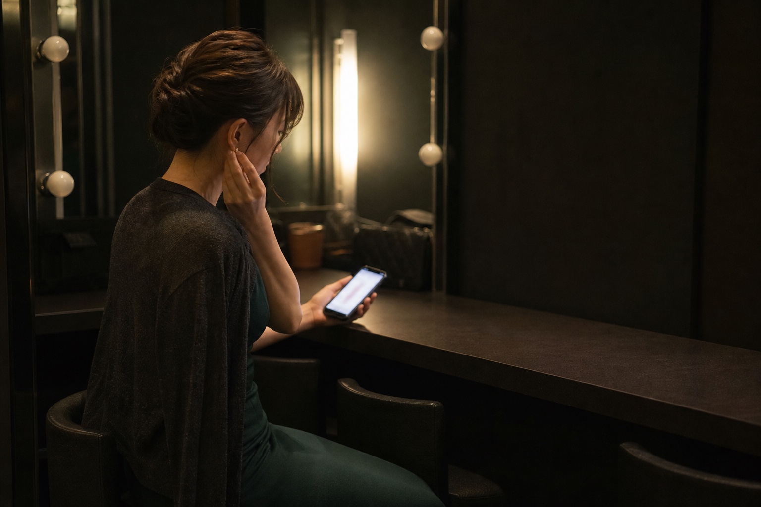 営業後の更衣室でスマートフォンへ短いメモを残す成人女性
