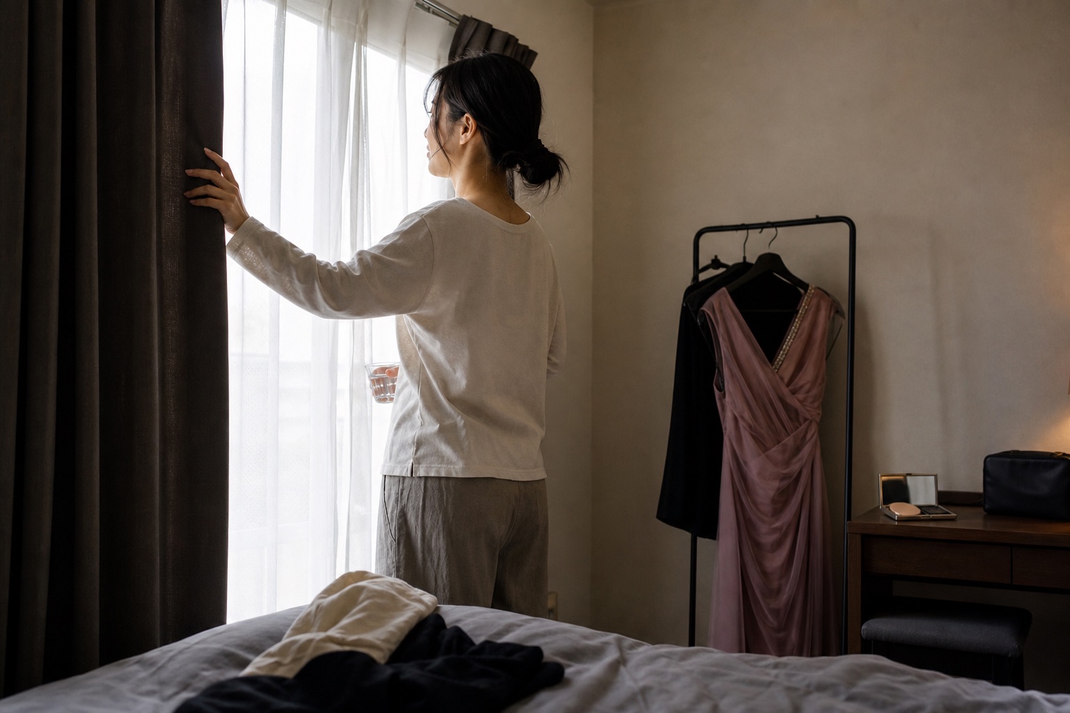 出勤前の自宅でカーテンを開け水を飲む成人女性