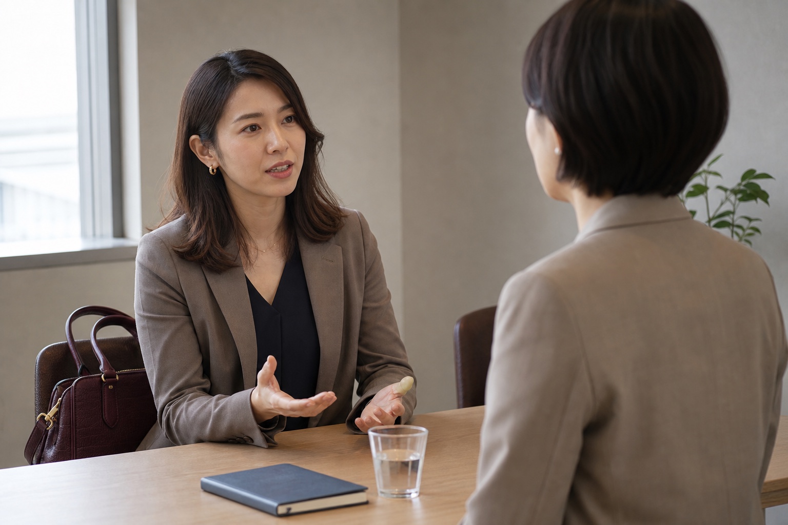 別の仕事についてキャリア相談で夜職の経験を話す成人女性