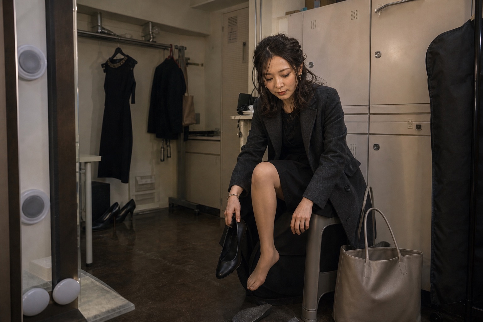 営業終了後に店内の更衣スペースでコートを羽織る成人女性