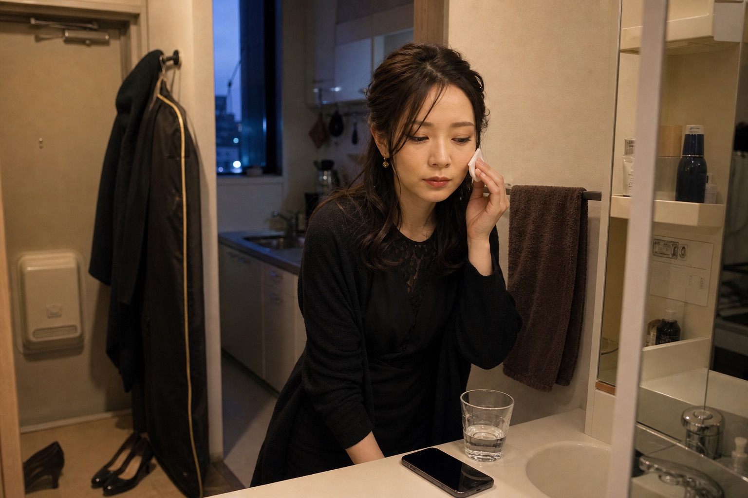 明け方に帰宅しメイクを落としながらスマートフォンを確認する成人女性